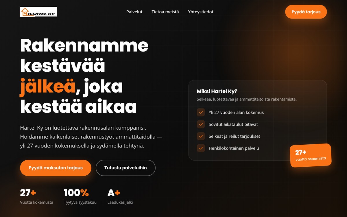Kuvakaappaus Hartel Ky:n verkkosivuilta — rakennusalan yrityksen etusivu